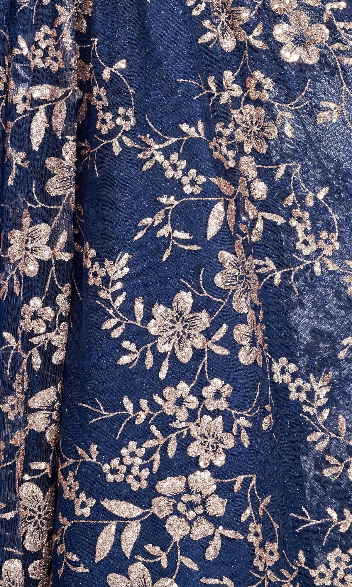 Close-up of the Navy Blue Tulle Prom Dress with Gold Glitter Print, showcasing detailed gold patterns on elegant navy blue tulle fabric.